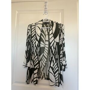 TRAVELERS BY CHICOS size 1 Stretchy Knit Leaf Print Green Jacket (Missing Belt)